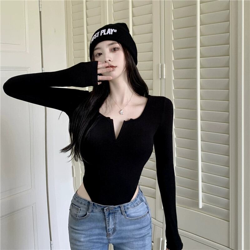 セクシーな黒のワンピーストップ長袖ボトリングシャツ女性の春と