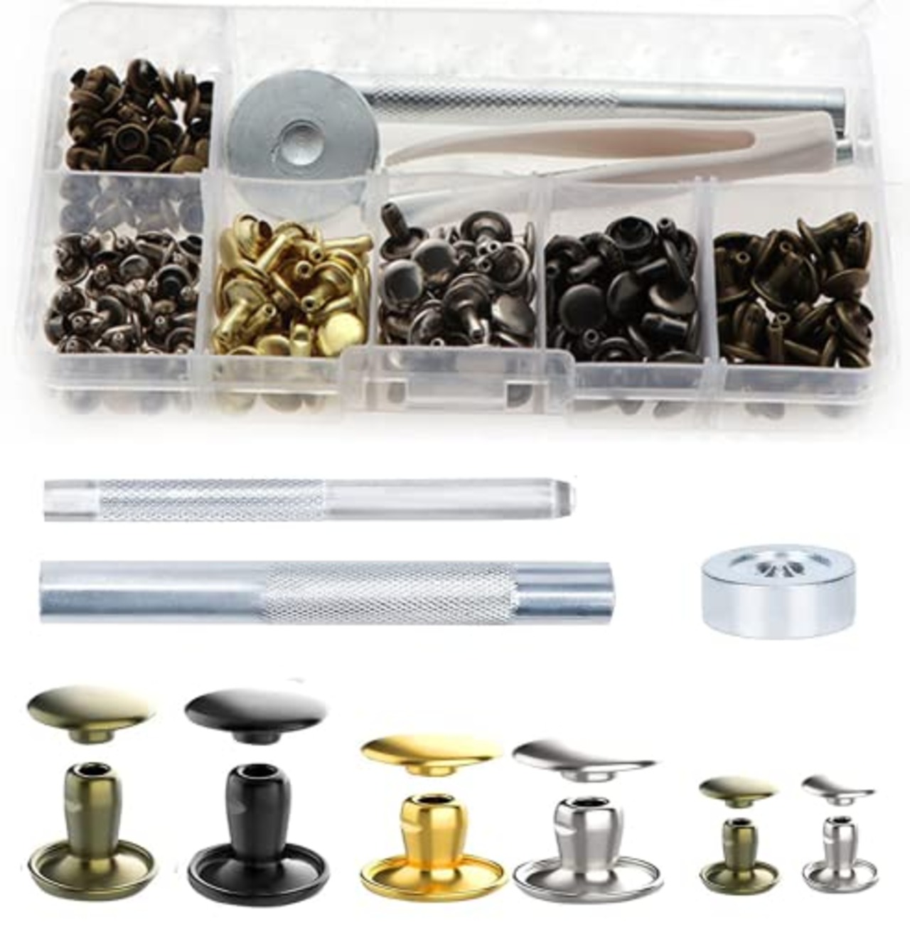 TAORAYO レザークラフト カシメセット カシメ かしめ カシメ金具 セットカシメ打ち具セット レザークラフト用打ち具キット 3サイズ 4種色（ゴールド・シルバー・古銅色・ガンメタル） リベット パーツ パンチングペンチ 丸形 レザークラフト スタッズ 底鋲 打ち具セット スタッ 丸形6mm 8mm 12mm 穴あけ 打ち具 打ち台 靴 リベット パーツ DIY ジーンズ アクセサリー 布革細工 服装 帽子 カバン、靴、ジーンズ、アクセサリー 革 道具 両面 工具 収納ケース付き(124Pcs /12