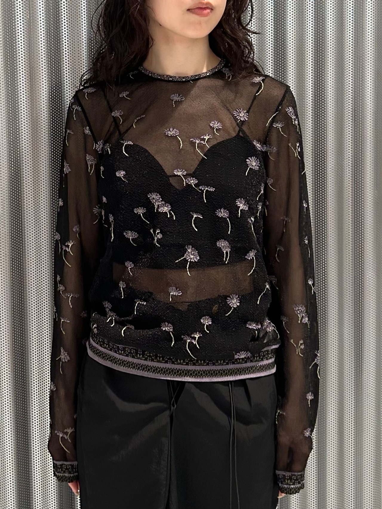 【26AW】Mame Kurogouchi マメ クロゴウチ / トップス / Floral Pattern Long Sleeve Sheer Knit Top - 1