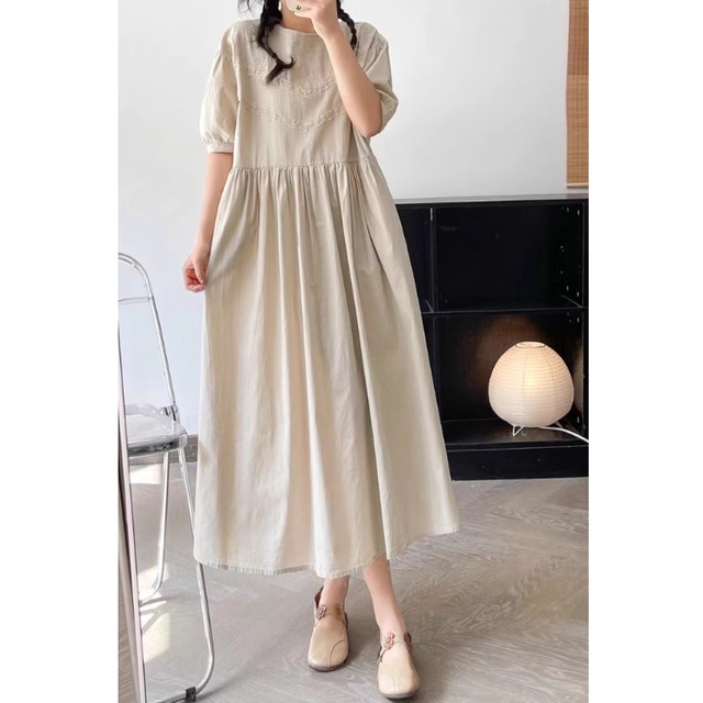 Aライン　ロングワンピース　胸元デザイン　2color  00226