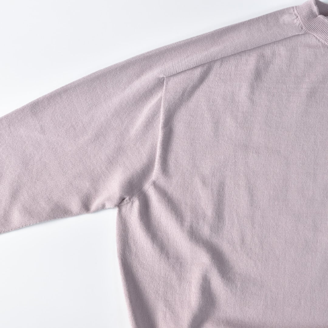 LinenYa リネンや クルーネック7分袖コットンニット・ピンクグレイ 柔らかく着心地の良いリンキングニットです