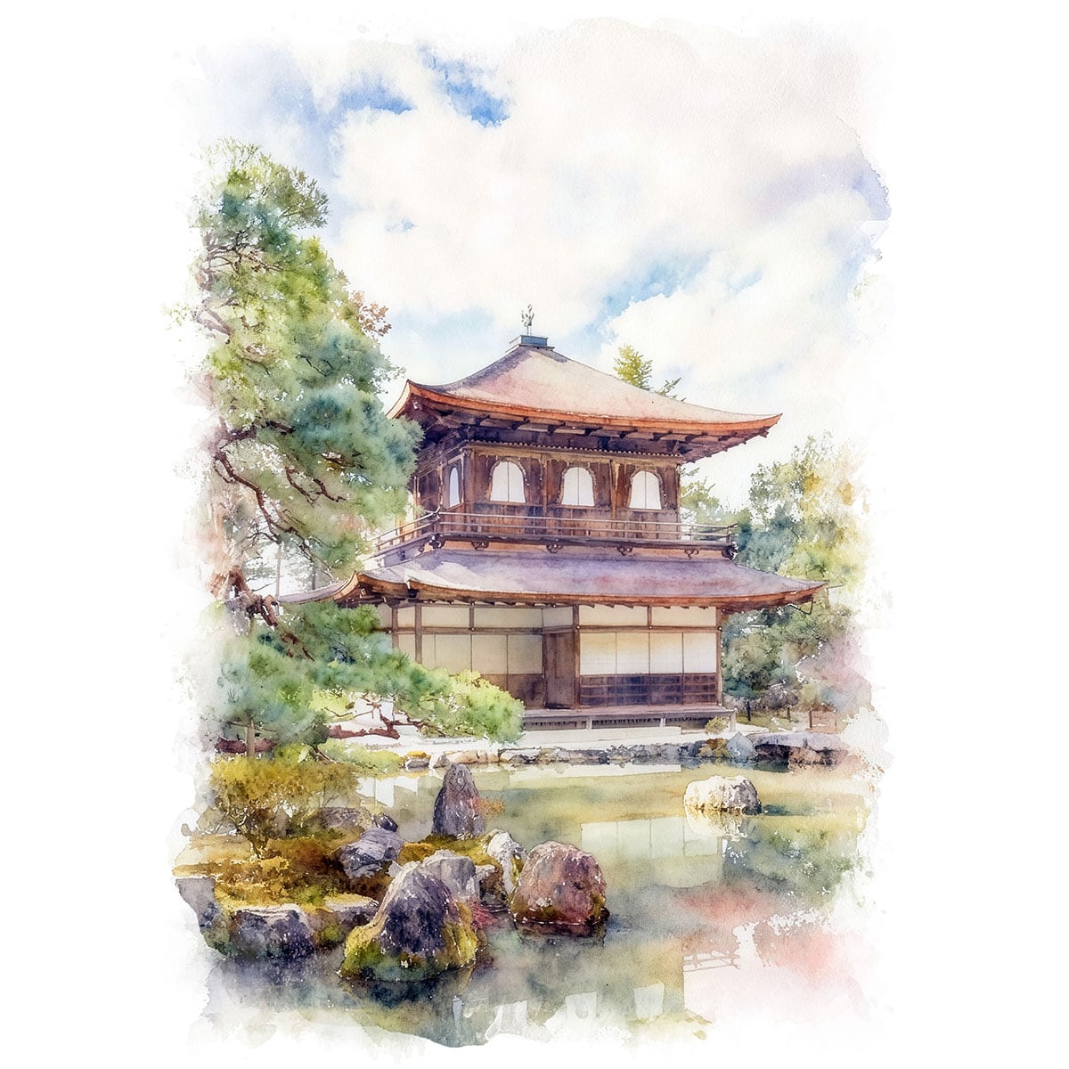 絵画 風景画(街並み) 日本 京都府 銀閣寺 インテリアアート額付き 水彩画・油絵風 WAT1449