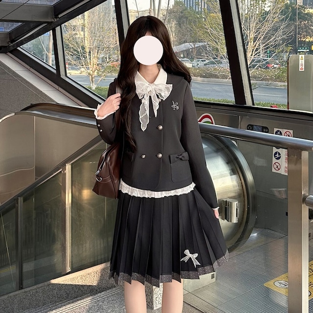 クラロリJKセットアップ｜レースフリルブラウス風デザイン＆リボン付きプリーツスカート｜SEASONZ