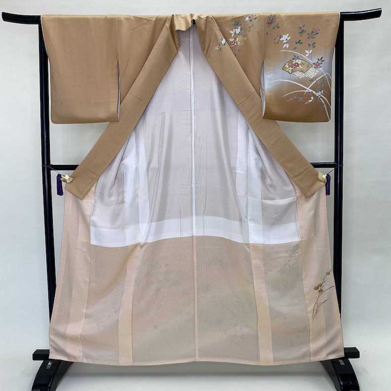 訪問着 花車 扇 椿 梅 菊 正絹 裄65.5 身丈168 袖48.5 【公式通販】