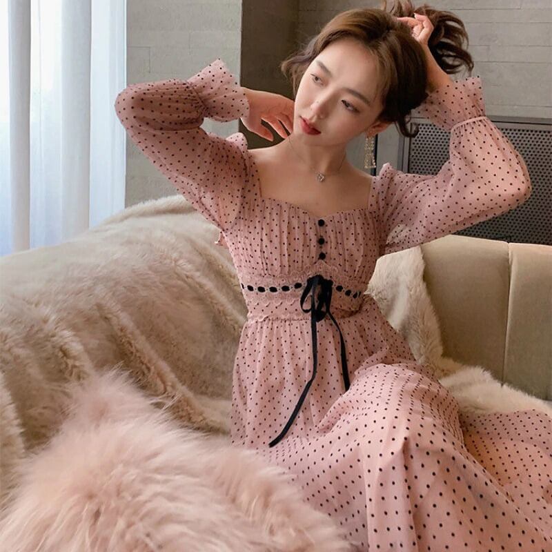 水玉 ワンピース リボン 長袖 ピンク | Dress shop