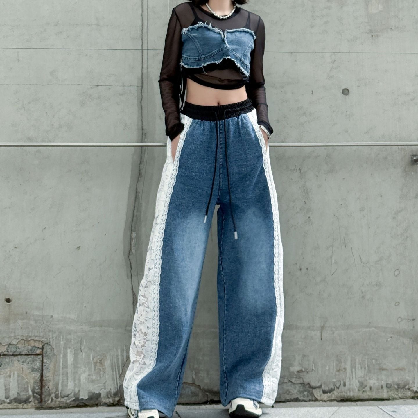 LACE STITCHED DRAW STRING WIDE LEG DENIM PANTS 2colors M-14003