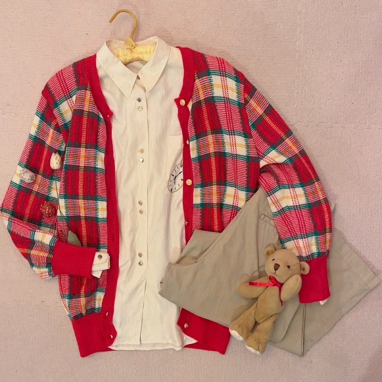 red green check knit cardigan