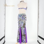 ベリーダンス オリエンタル 衣装 上下セット パープル系 トップス スカート アーム飾り 腕飾り 頭飾り 紫 青 スパンコール ビーズ 鮮やか 華やか 装飾 豪華 ダンス衣装 キラキラ イベント ステージ ブルー系 シルバー系