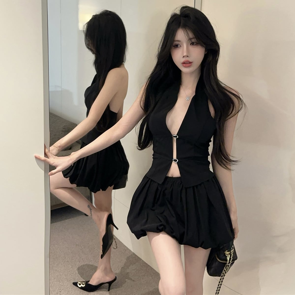 【2点セット】ミニドレス キャバドレス セクシー ホルターネック クロップドトップス 花びらスカート セットアップ 体型カバー LW2-SB6556