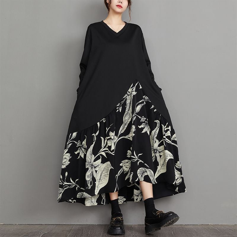 BLACK FLOWER STITCH V-NECK A-LINE LONG DRESS 1color M-11929