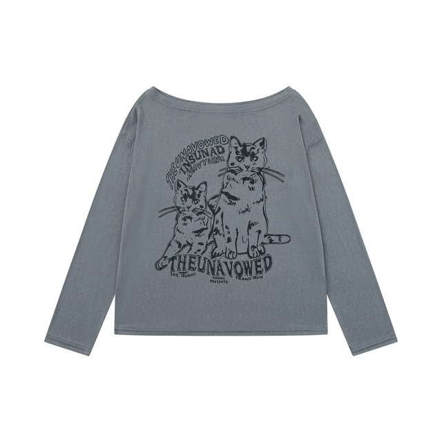 キャットグラフィックボートネックルーズフォルムカットソー 2col   R02580