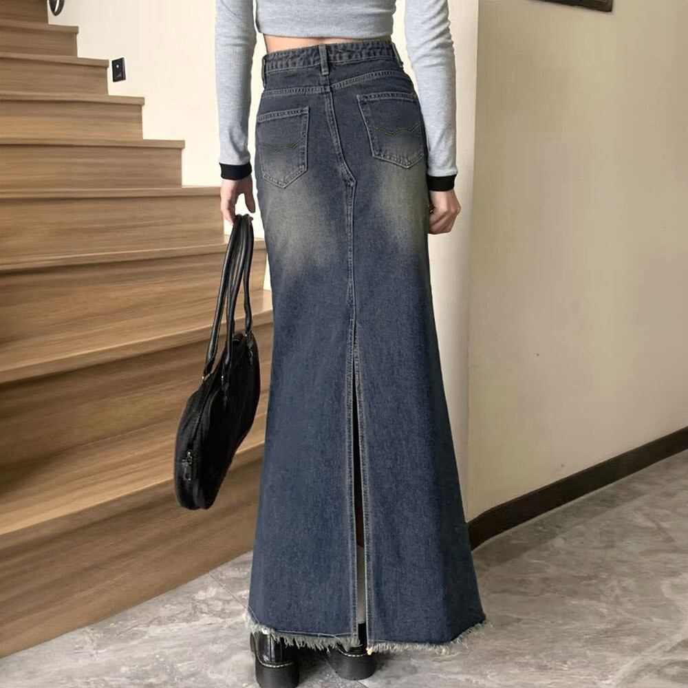 デニム スカート ロング レディース 韓国 マーメイドスカート ブリーチ加工 おしゃれ きれいめ 大人 カジュアル ハイウエスト ヴィンテージ レトロ 美ライン ロングスカート 大人可愛い 大人女子