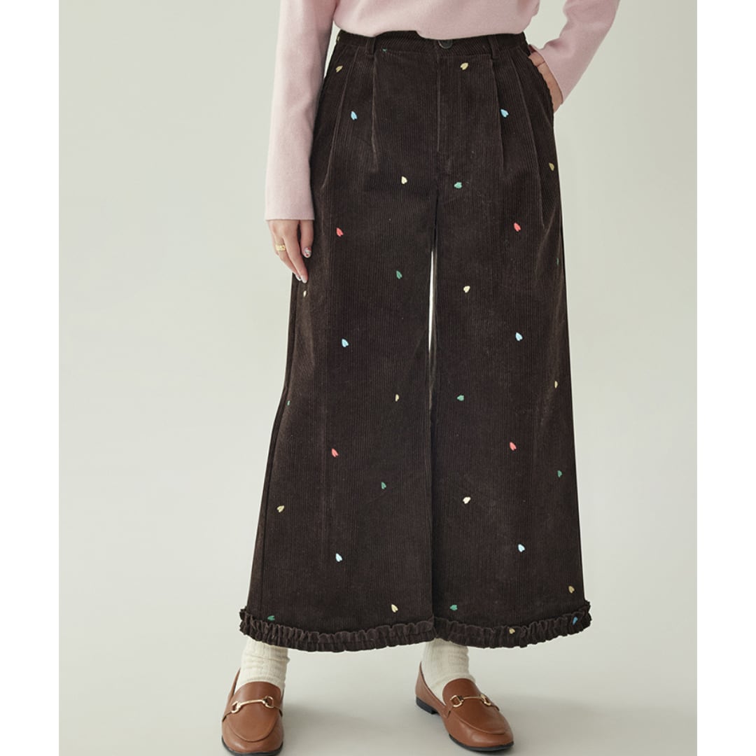 corduroy wide pants with dot embroidery
