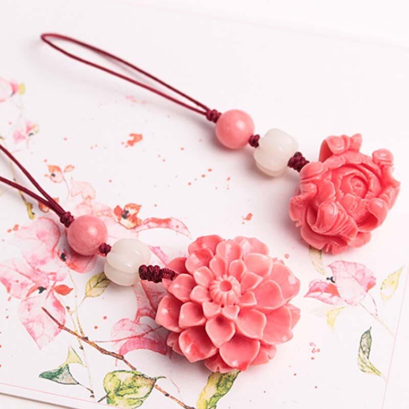 チャイナ風飾り物 つりひも 携帯用 カバン用 プレゼント キーホルダー 菊 ボタン ピンク Elegant