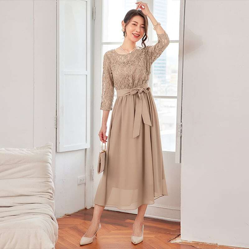 ベージュ レース装飾 ロングドレス 軽く パーティー お呼ばれ 結婚式