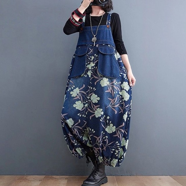 DENIM FLOWER PRINT SALOUEL OVERALL 2colors M-14936