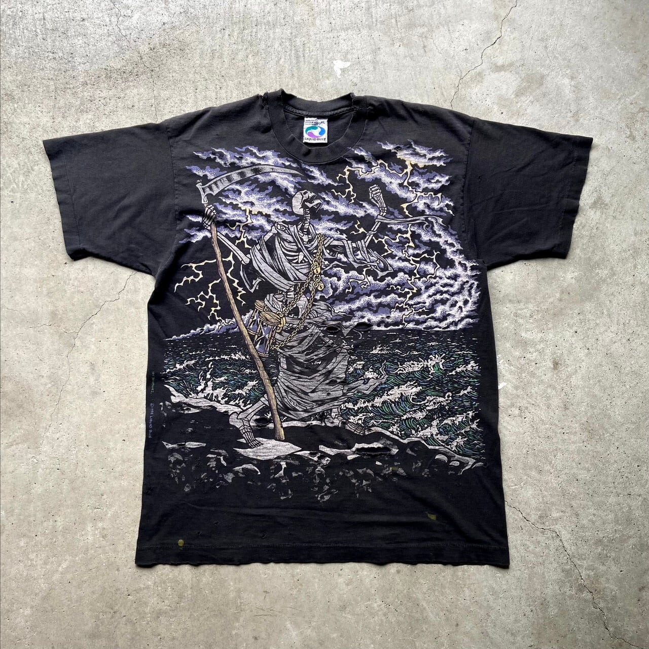 90年代 USA製 LIQUID BLUE ビッグプリント スカル 死神 Tシャツ メンズ 