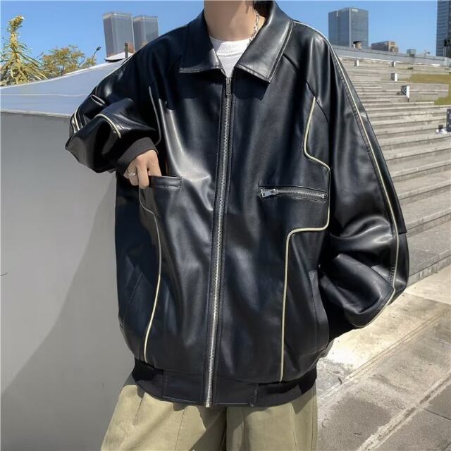 【予約販売】ブルゾン アウター ジップアップ ショート丈 シンプル レザー ライン 通学 ビジネス 防寒 メンズ ブラック/カーキ/ベージュ シック 防寒 お洒落 こなれ感 ベーシック 秋冬 大きいサイズ M/L/XL/2XL