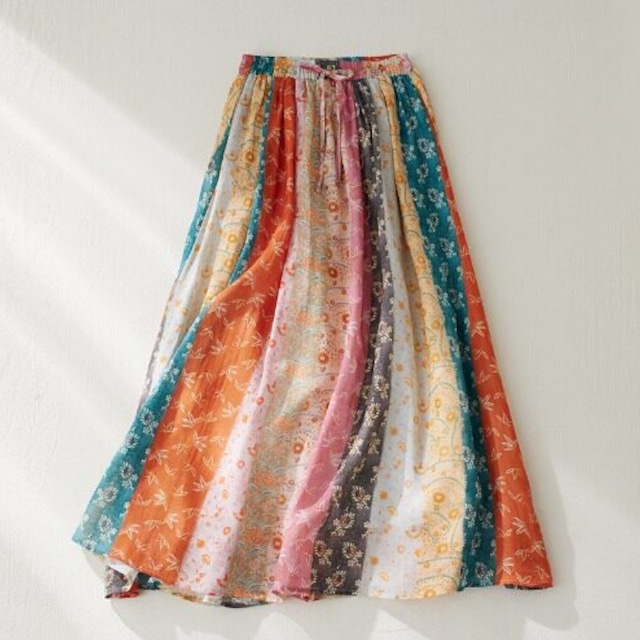Vertical-Panel Patchwork Drawstring Maxi Skirt　S0223