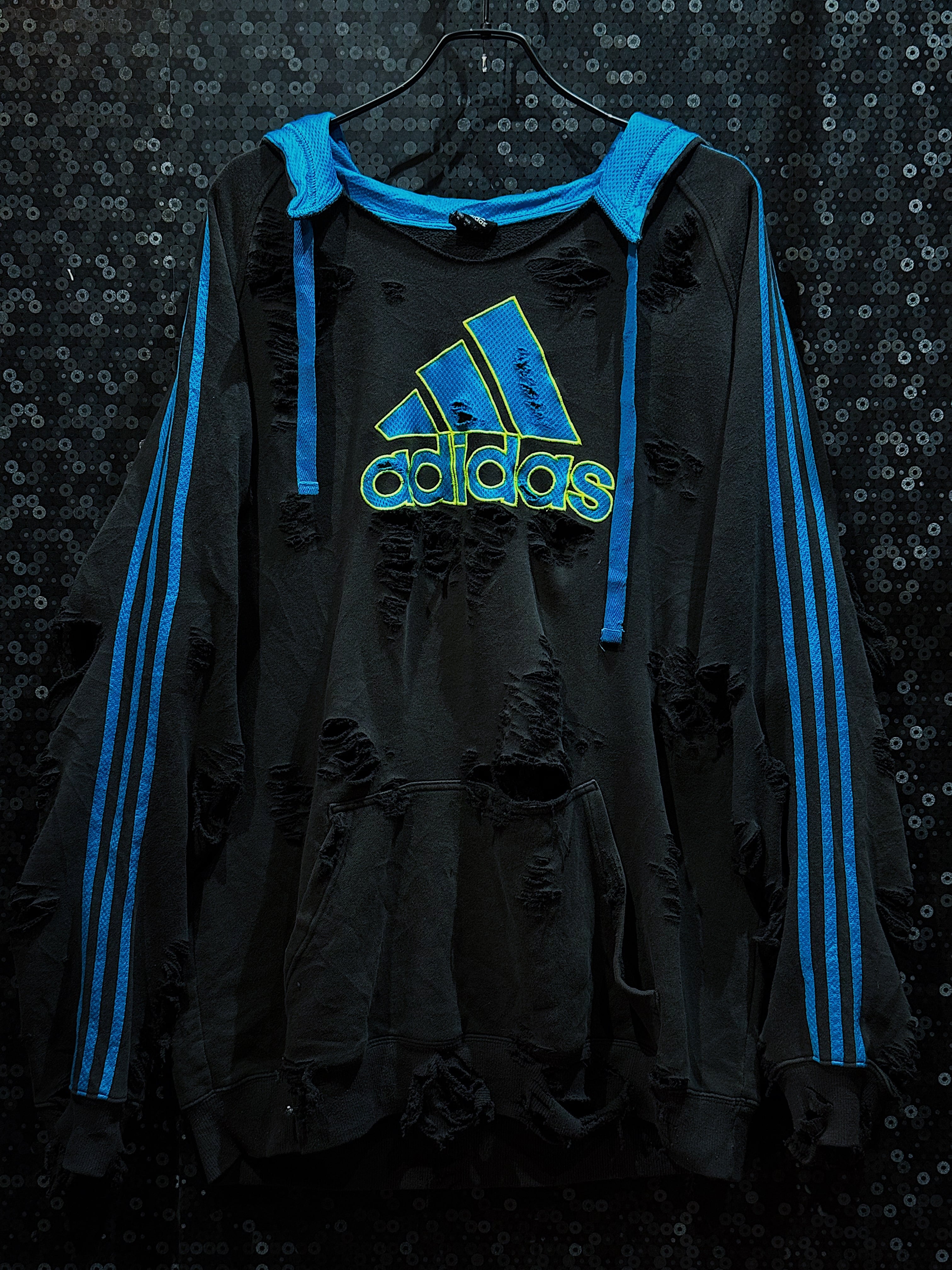 【ÆIEM】original"boro"remake adidas performance logo light blue stripe vintage hoodie