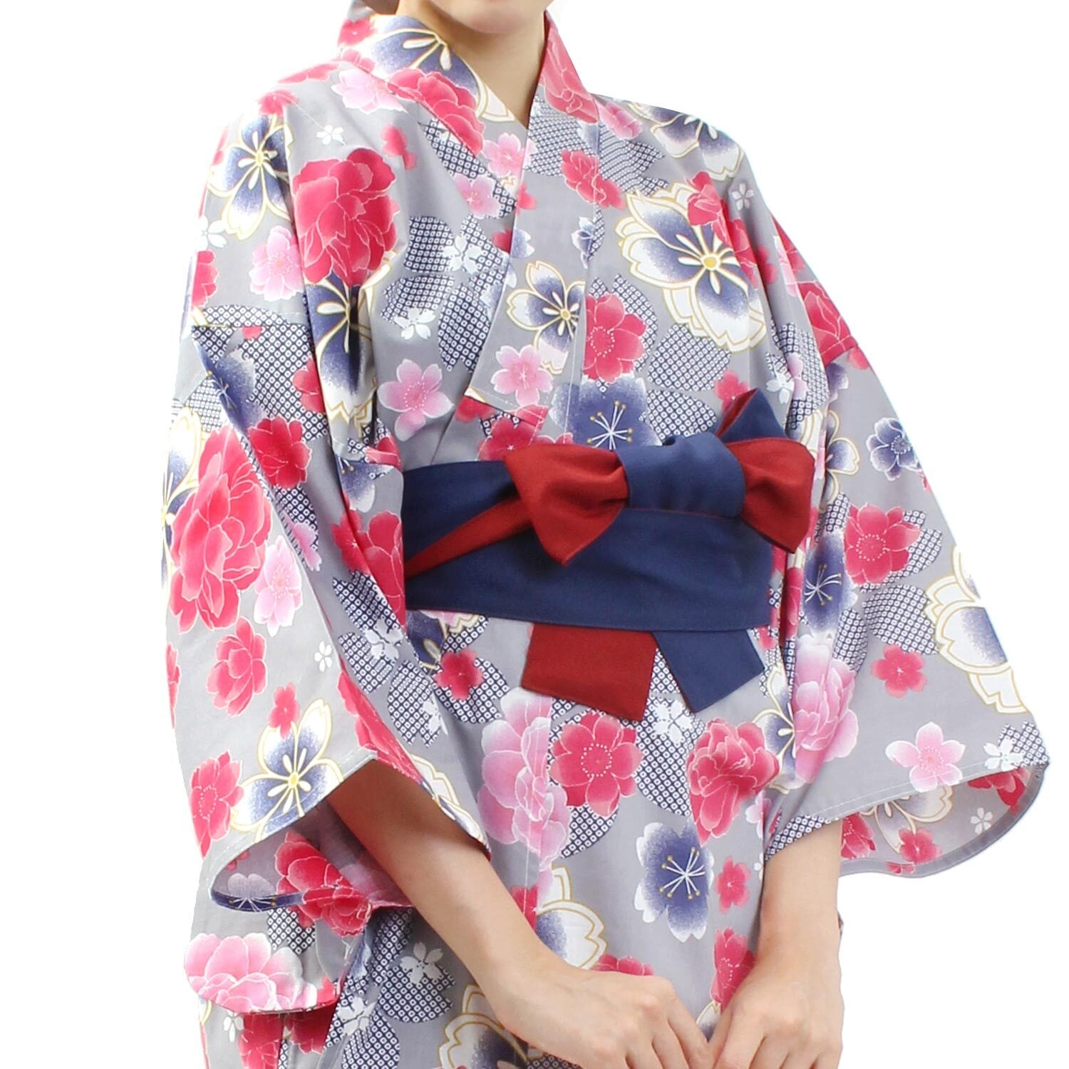 新品　5L 浴衣　紺色　ブルー系　絞り模様　牡丹　半幅帯　長尺帯　赤系 新品 5L 浴衣 紺色 ブルー系 絞り模様 牡丹 半幅帯 長尺帯 赤系