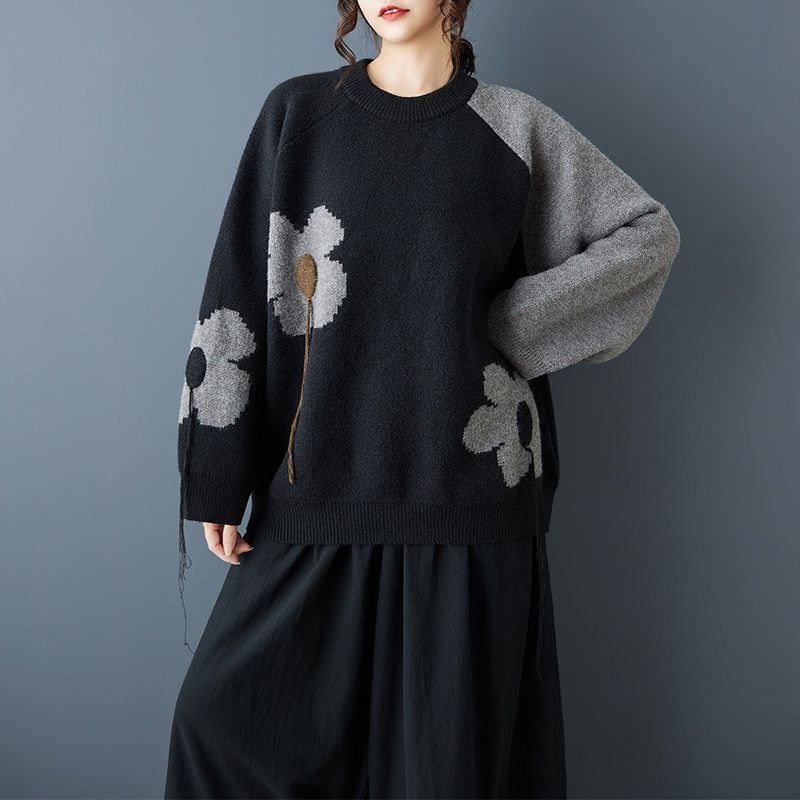 FLORAL CONTRAST RAGLAN SLEEVE SHORT SWEATER M-18473