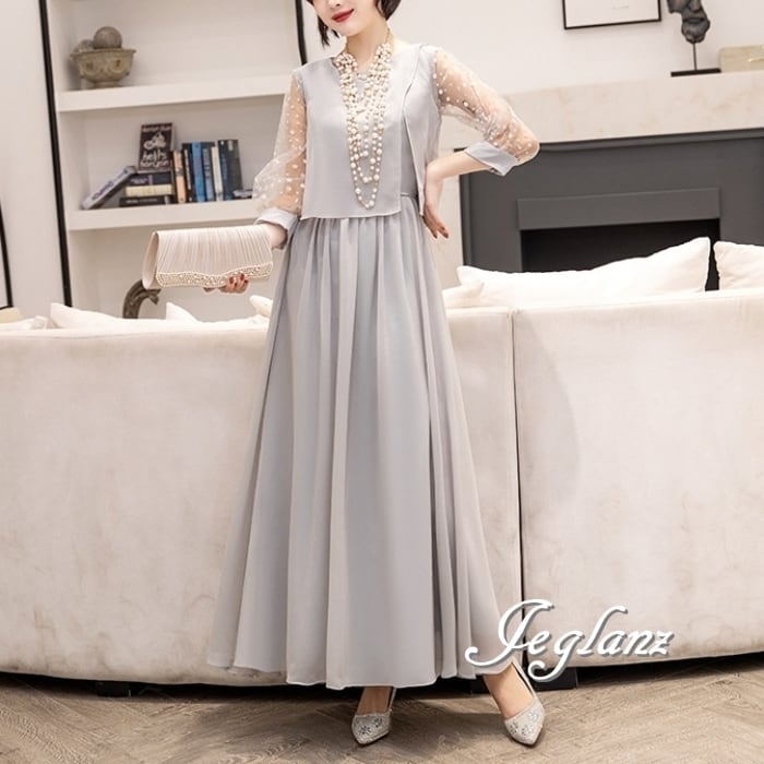 4色 パーティ ドレス ワンピース ドット 水玉 バックシャン 7分袖 ♪(MB243)ζ