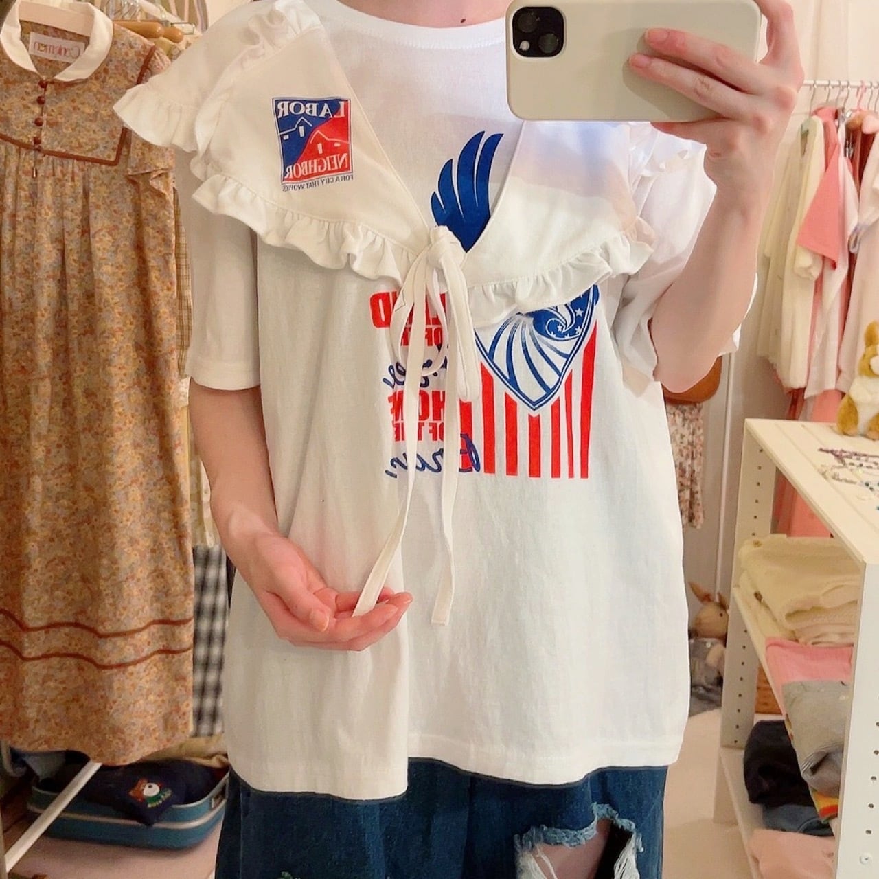 remake : frill open collar white big T-shirt / 01