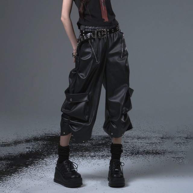 PUレザー立体カーゴバルーンシルエット8分丈ワイドパンツ（ruf_02851）