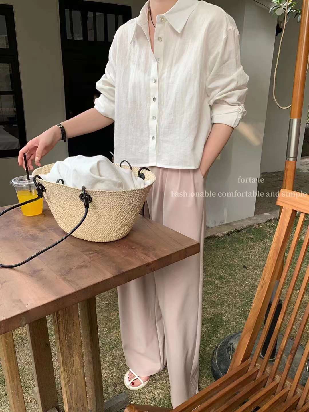 リネン混 クロップド丈ブラウス AJ2155-643