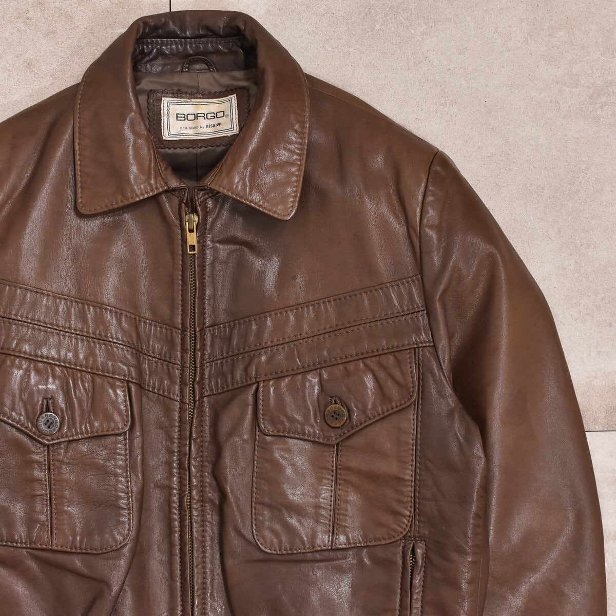 80~90s BORGO オールドデザイン 襟付き シングルレザー ブルゾン ヴィンテージ 本革 ジャンパー メンズMサイズ
