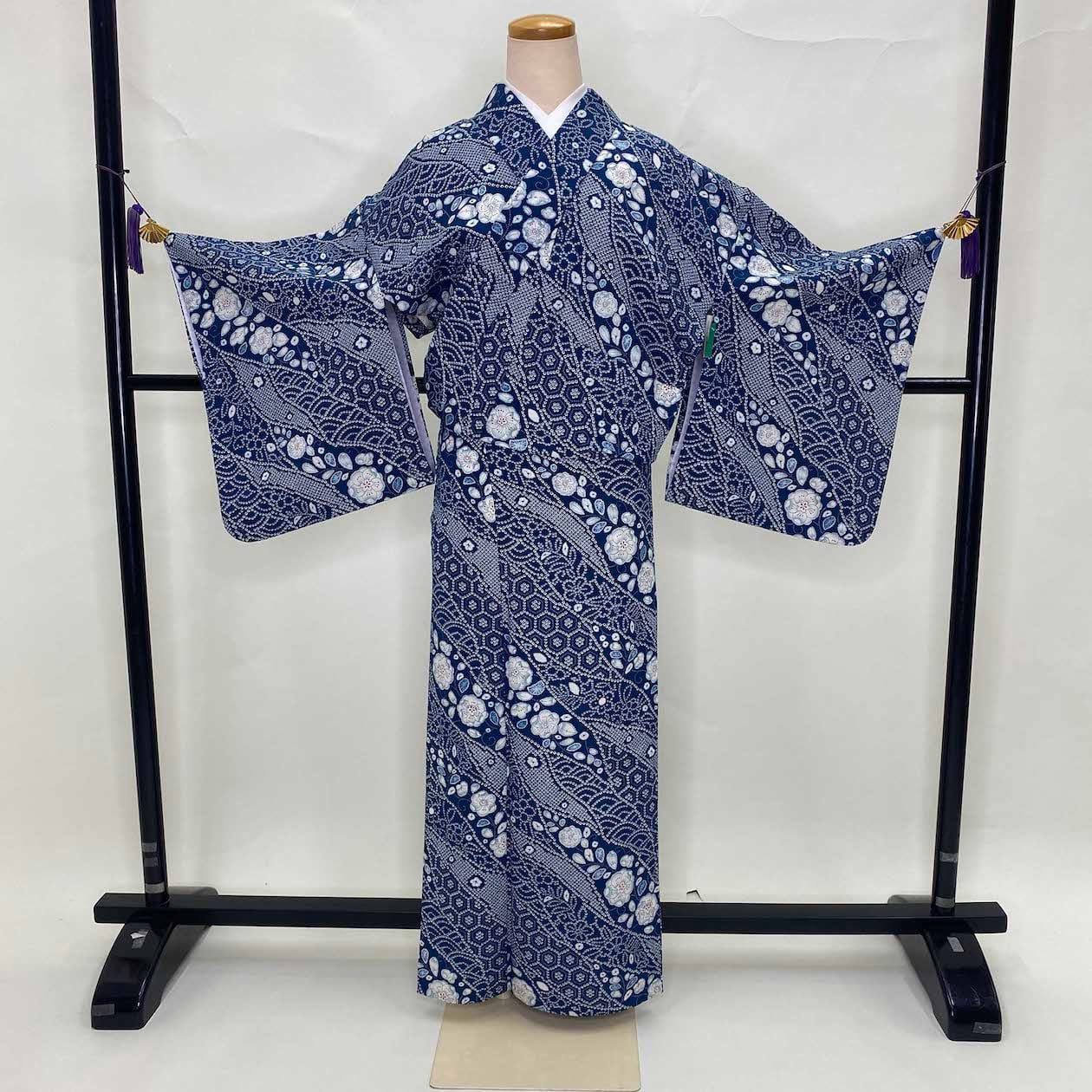 正絹 着物 小紋 袷 藍染 ネイビー（小紋 辻が花柄 単衣 藍色 青色 