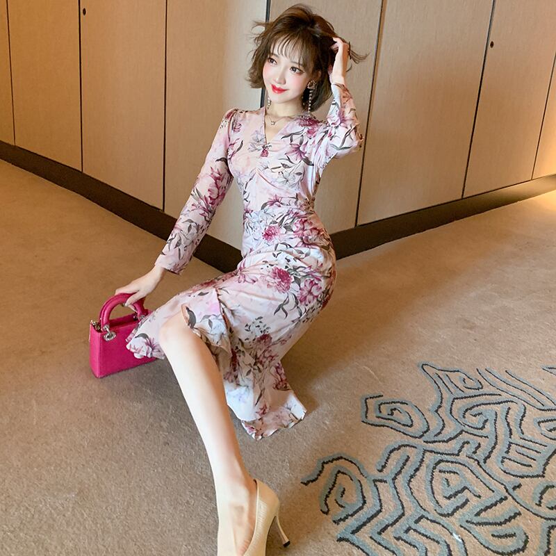 プリントVネックウェストラッフルドレス スプリング エレガント 春物 シルク MIUCO49434816566