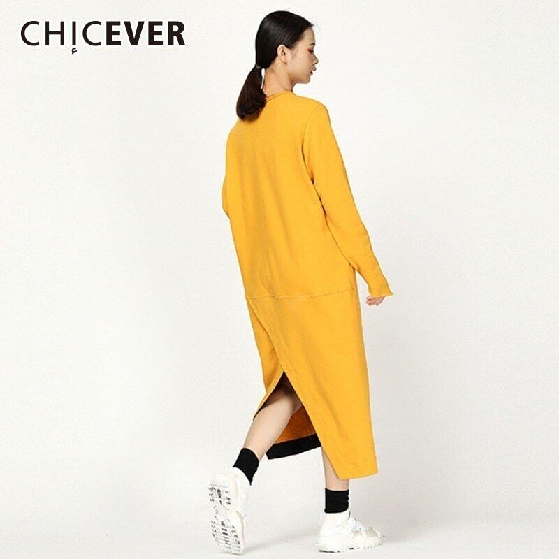 CHICEVER秋のドレス女性Oネック長袖不規則な裾スプリットロングドレス服 オータム 秋物 6base51916349060