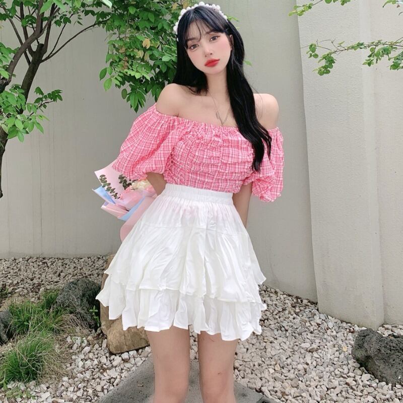 スリーブ格子柄シャツ ストレッチウェストプリーツスカート エラスティック 伸縮 スクウェア ハンチェンe76191807465