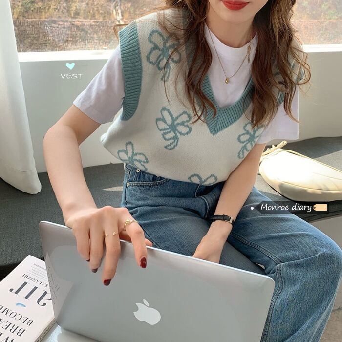 スタンダードニットスプリングルーズノースリーブセーター クロップドトップス レトロ 春物 モンロー23149626587