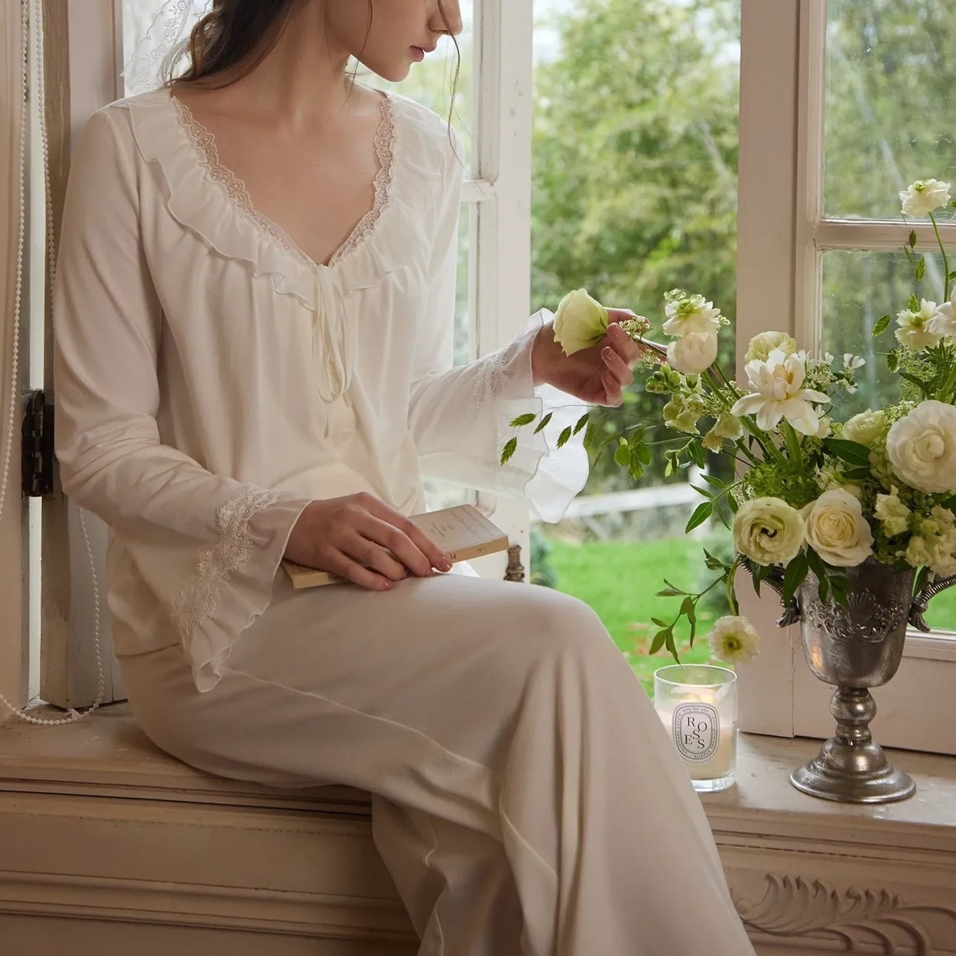 【2COLOR】【XS-XL】v-neck frill lace cardigan style pajamas p1751