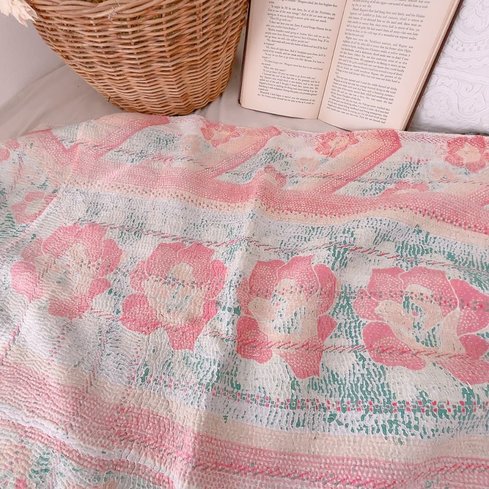 #127 カンタキルト　ブロックプリント　ピンク Vintage カンタキルト | ブロックプリントキルト専門店 KUUP