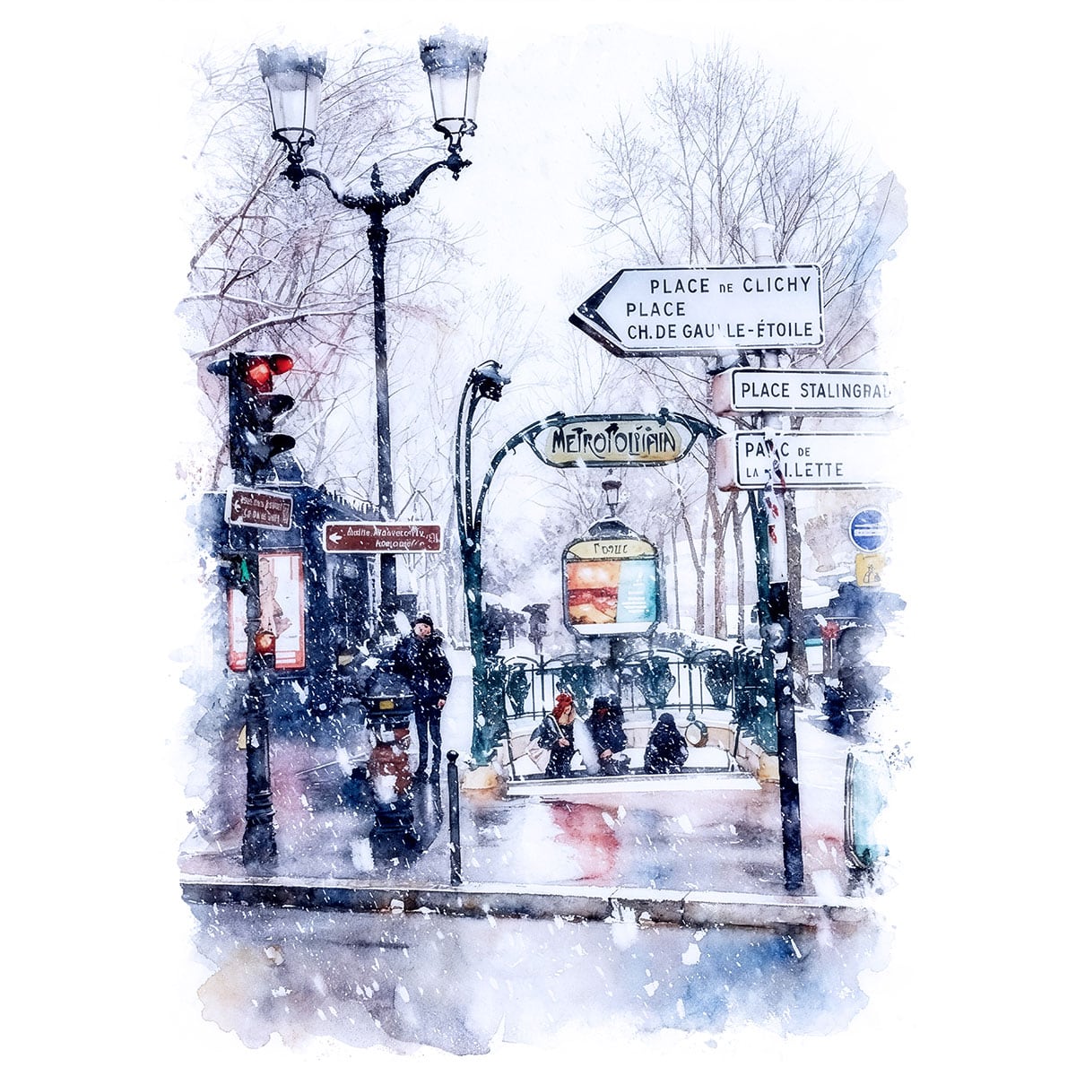 絵画 フランス 風景画(街並み) パリ 雪が降る冬のクリシー広場