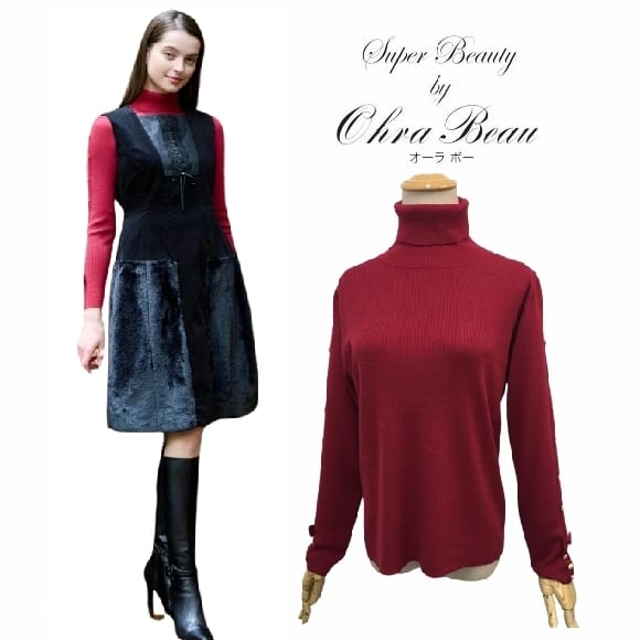 スーパービューティー ニット 袖リボン 金ボタンデザイン ハイネックセーター 2321023 レッド 2023年秋冬 大人かわいい服 大人スタイル レディース キレイメ アパレル 女性 M L LL Super Beauty 30代 40代 50代 60代