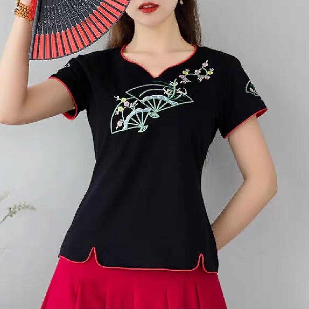 チャイナ服 トップス 扇柄刺繍 半袖 Tシャツタイプ 変形Vネック 普段着