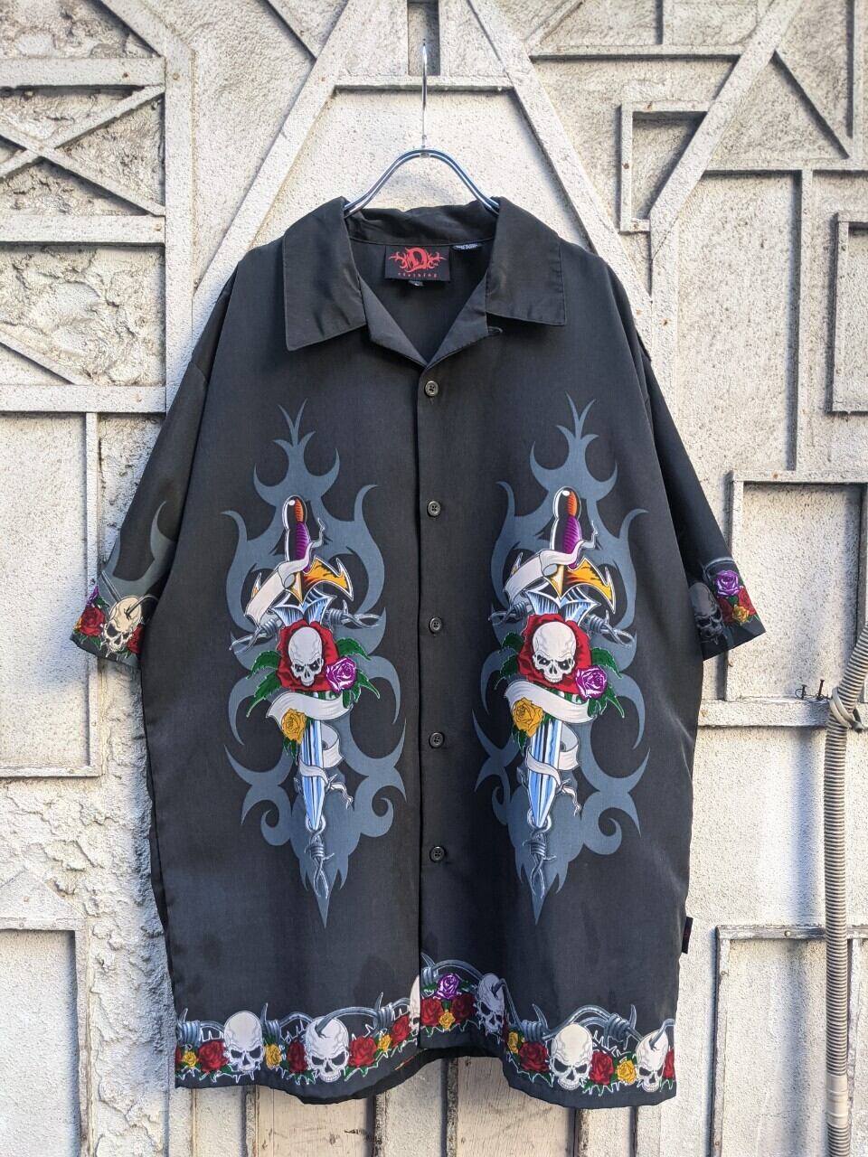 "SKULL&SWORD" polyester S/S shirt vintage