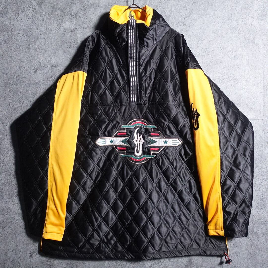 Black & Yellow Embroidered Design Half Zip Quilted