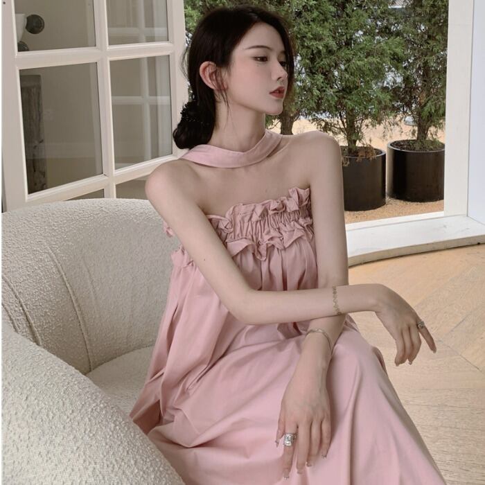 スタンダードスタイルホルターレーストップス ロングスカート サマードレス レトロ 夏物 ドラファッションホール23312463499