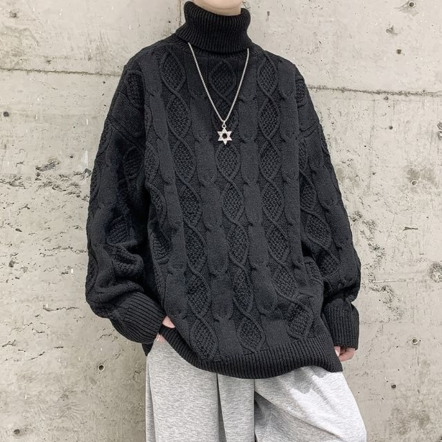 予約販売】ニット 無地 タートルネック ケーブルニット オーバーサイズ 
