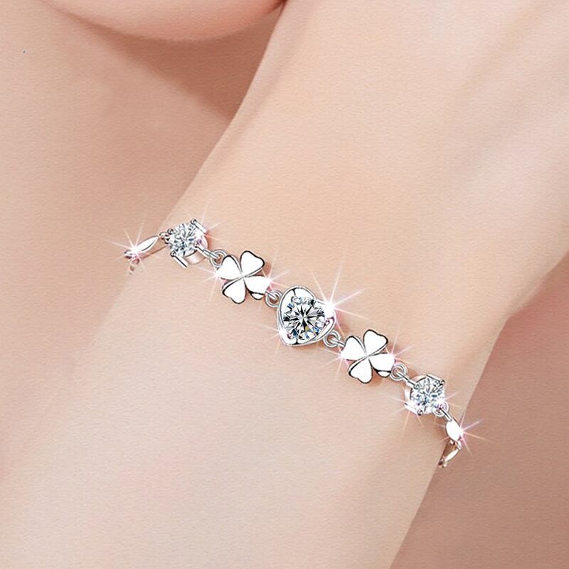 トレンディな 925 スターリングシルバーブレスレット女性ジュエリークリスタルハートクローバーブレスレット女の子の誕生日パーティーアクセサリー  435700710507997814