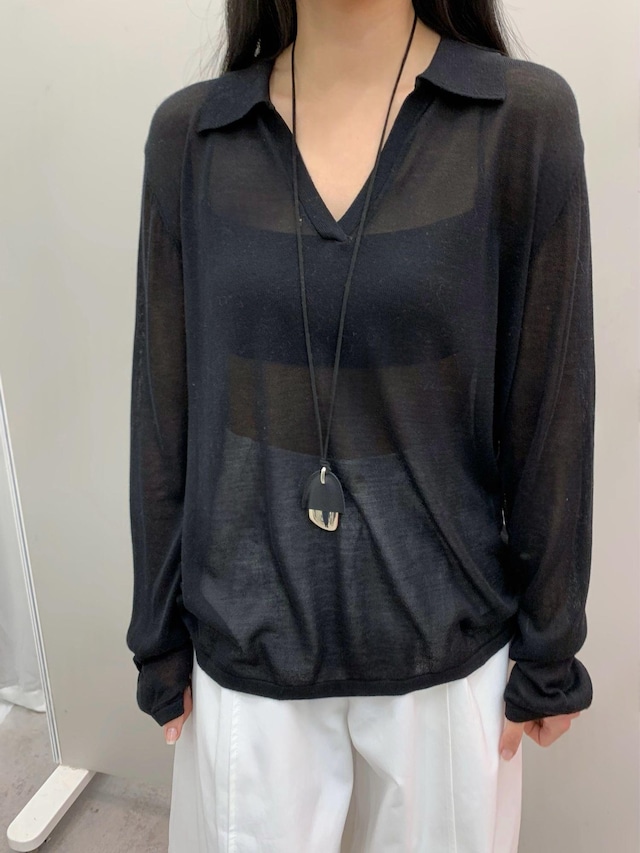 Collared V-Neck Sheer Knit Top