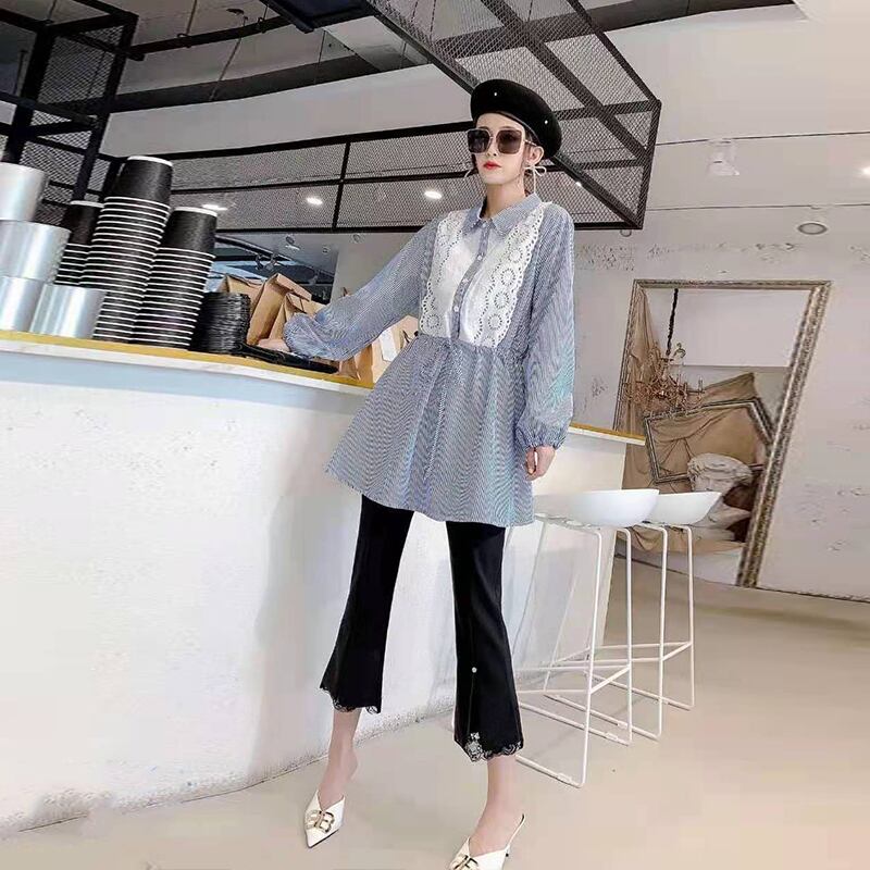 スプリングスタイルストライプストレッチウェストシャツ エラスティック 伸縮 大きめサイズ 春物 ステッチ ミックスインファッション53777344892