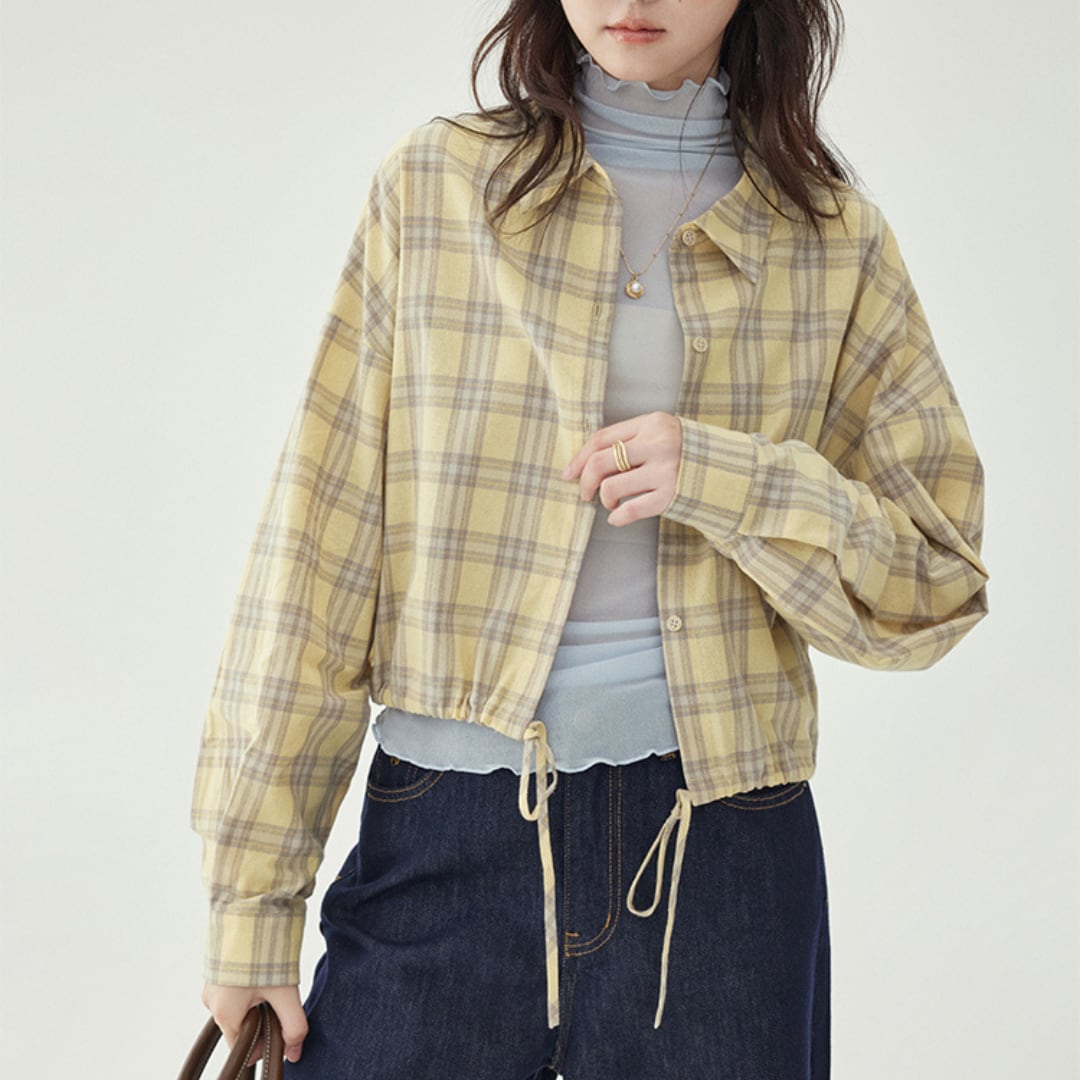 drawstring plaid shirt with drop shoulders