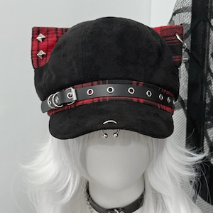 猫耳チェック切り替えスタッズパンクキャップ(3タイプあり)(lli_6769)